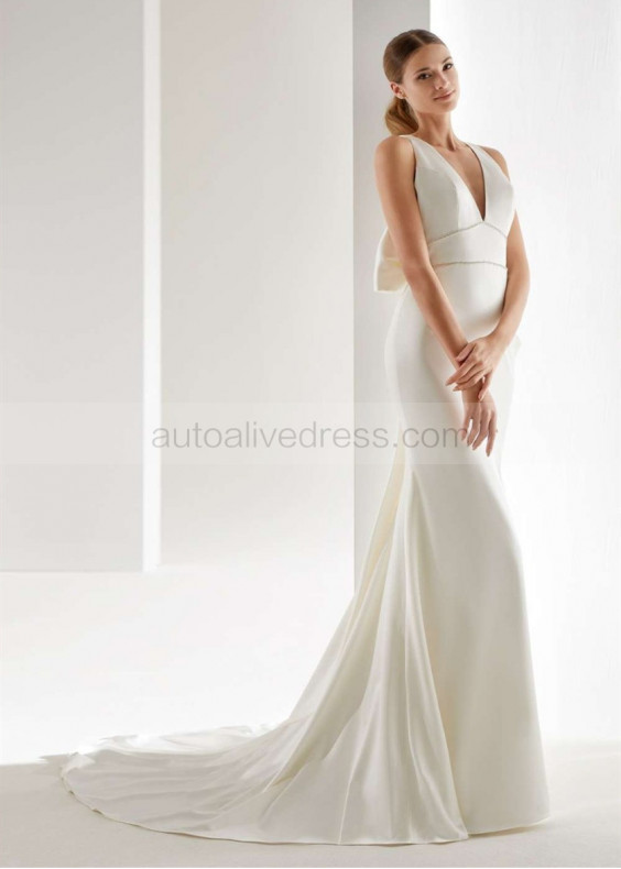 V Neck Ivory Satin Wedding Dress With Oversized Bow